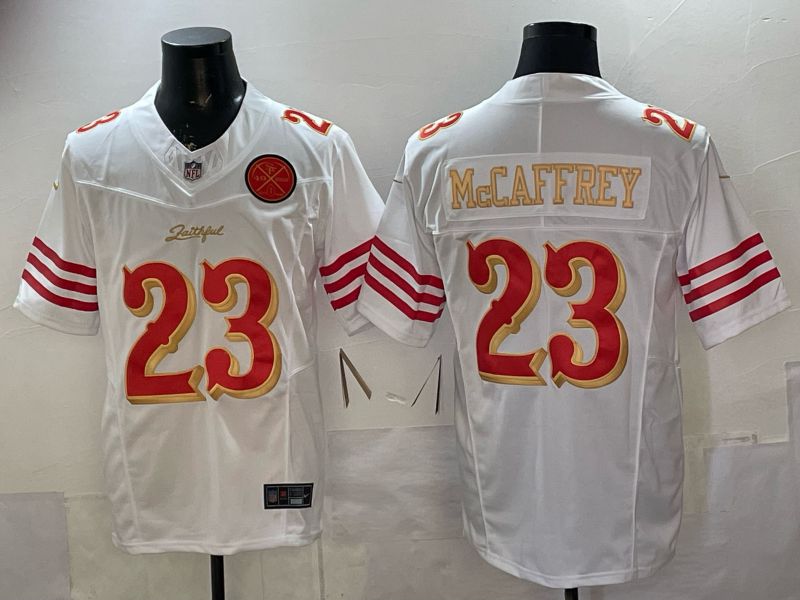 Men 2026 San Francisco 49ers #23 Mccaffrey White Gold 5th generations Nike Limited NFL Jersey style 003